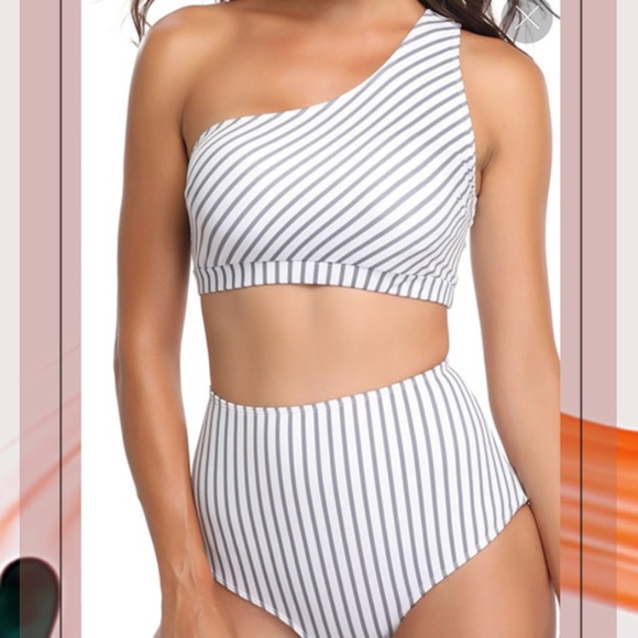 one shoulder striped bikini
